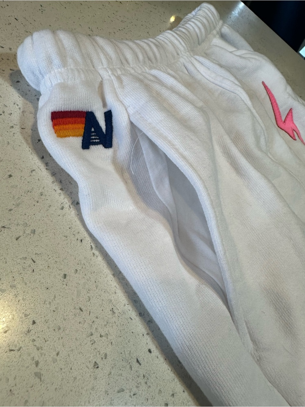 Aviator Nation White Pocket Sweatpants Neon Pink Bolt XS Made in USA Rare EUC